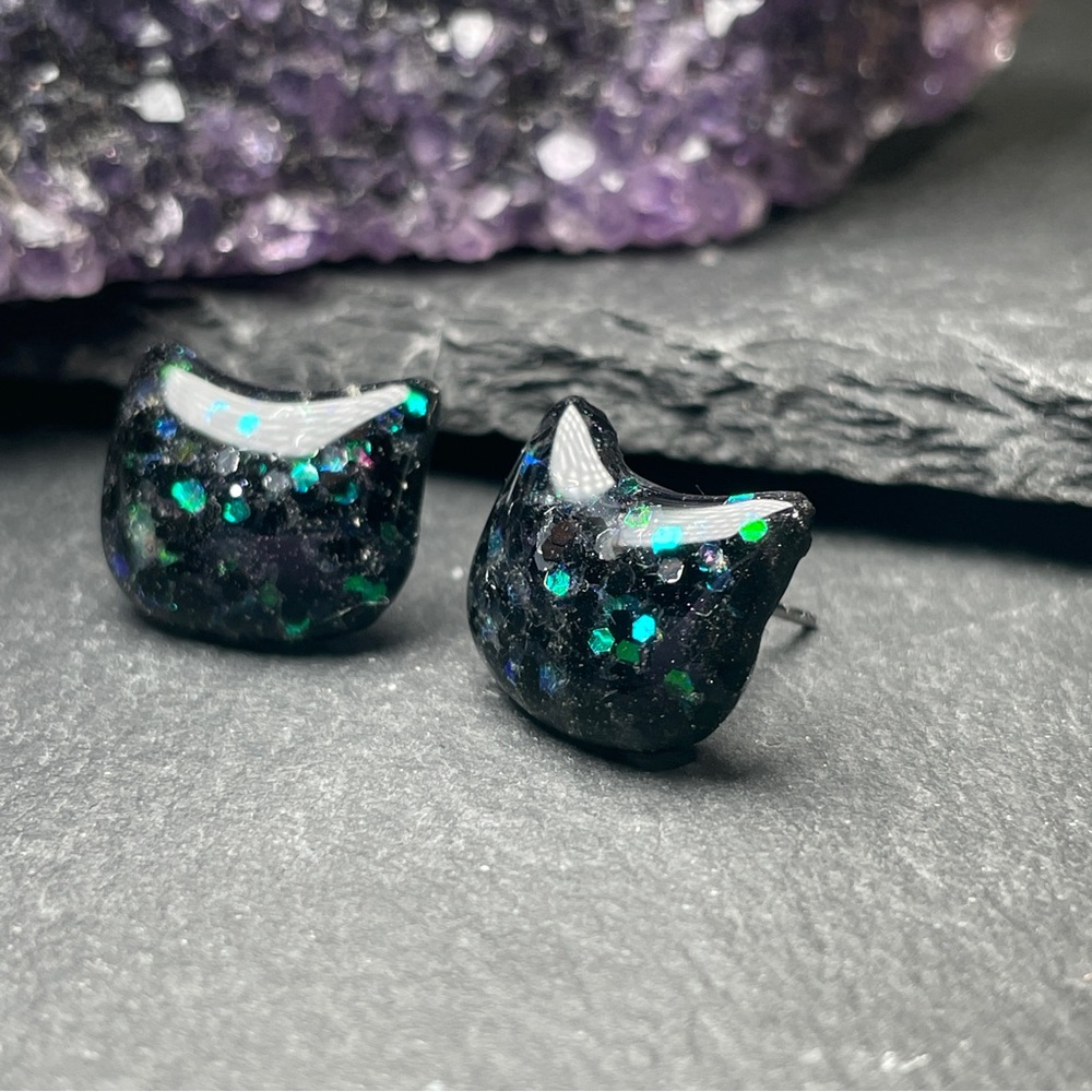 2/$18 Custom Made Black and Green Cat Stud Earrings - Picture 10 of 13